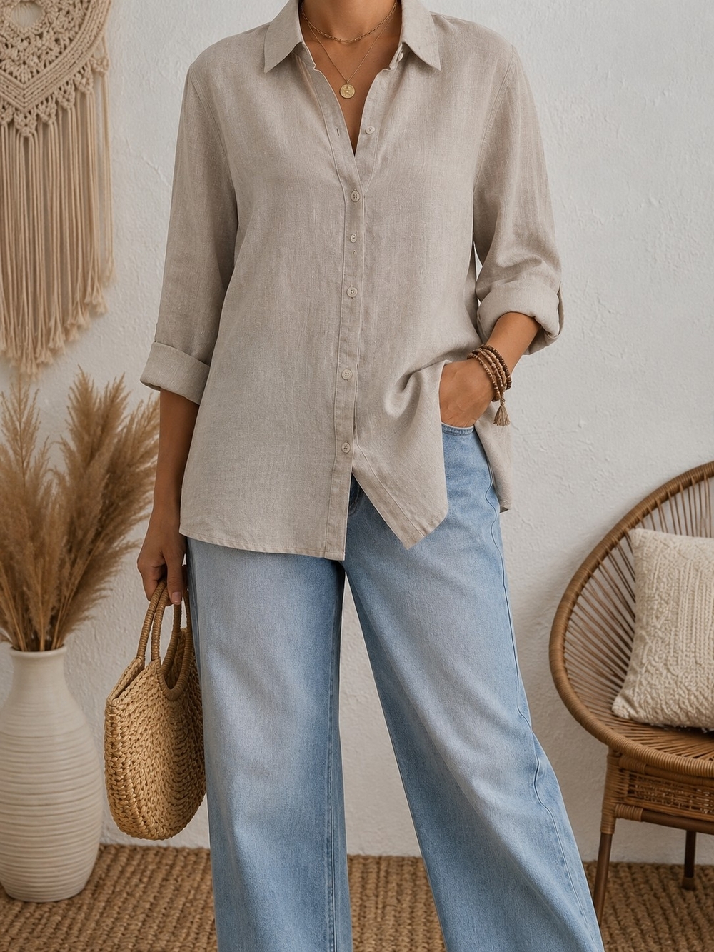 Liz Claiborne 100% Linen Shirt XL Beige Natural Boho Button Front Long Sleeve
De